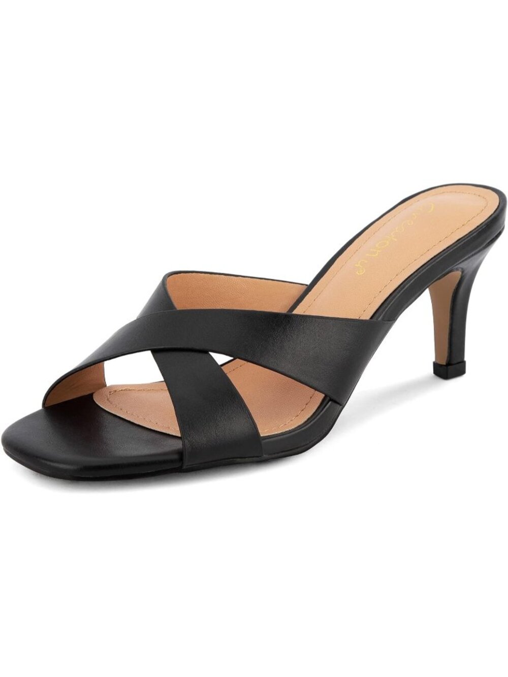 Women's Kitten heels Sandals Cross Strap Peep Black Toe Slip On Mules Dress